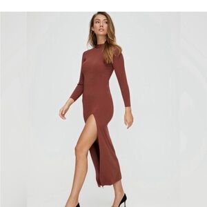 Aritzia BABATON Leopold Dress brown/tan colour xs midi with a slit